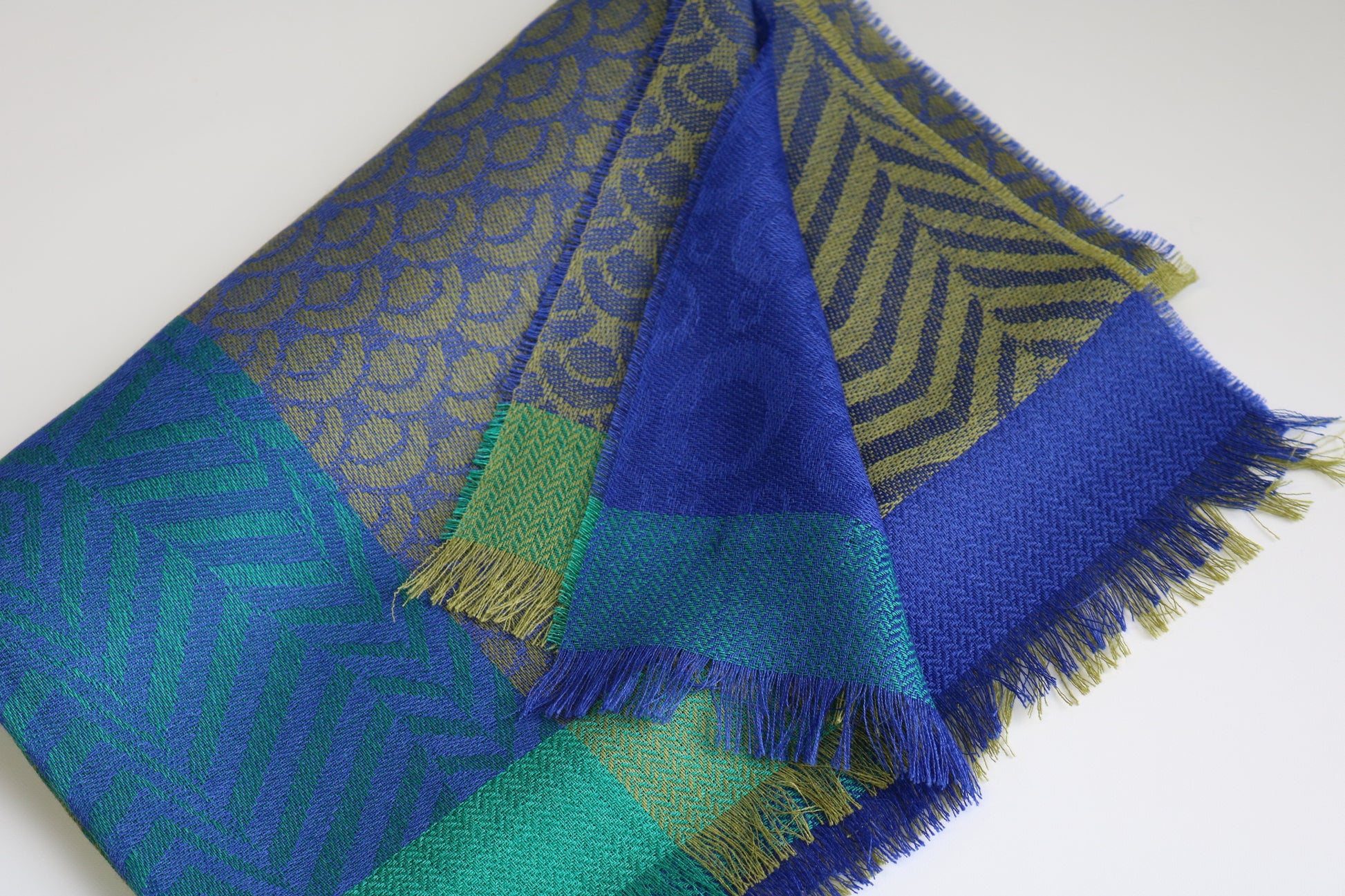 Cuzco Blue/Mustard Animal Print Alpaca & Silk Shawl