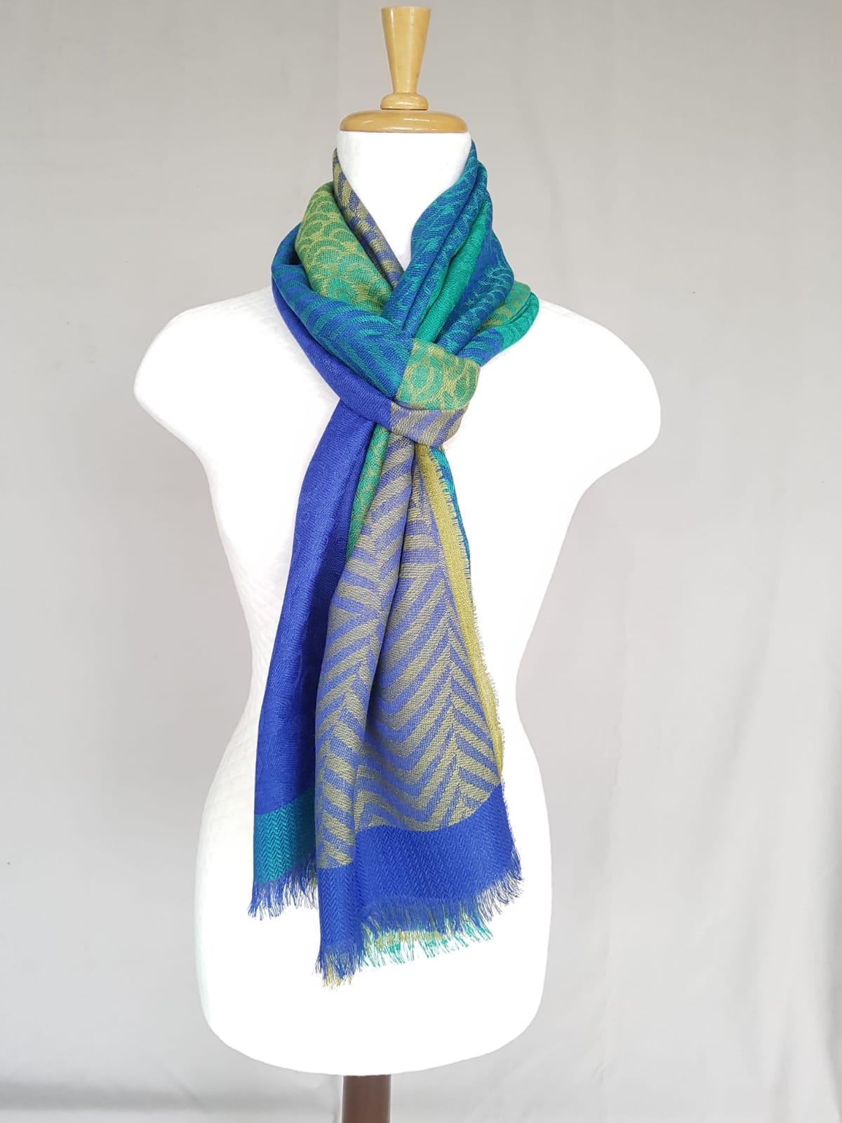 Cuzco Blue/Mustard Animal Print Alpaca & Silk Shawl